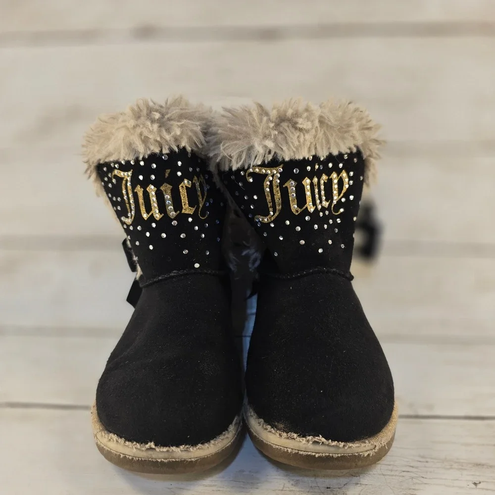 Juicy Couture Burbank Black Faux Fur‎ Bow Boots Girls Size 11M FJ4651 Rhinestone